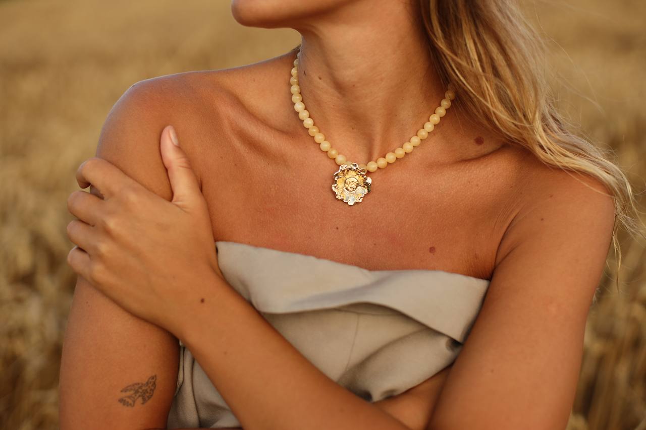 Calcite Stones and Gold Plated Flower Necklace